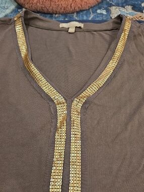 Banana Republic Taupe V-Neck Top with Gold Sequin Trim